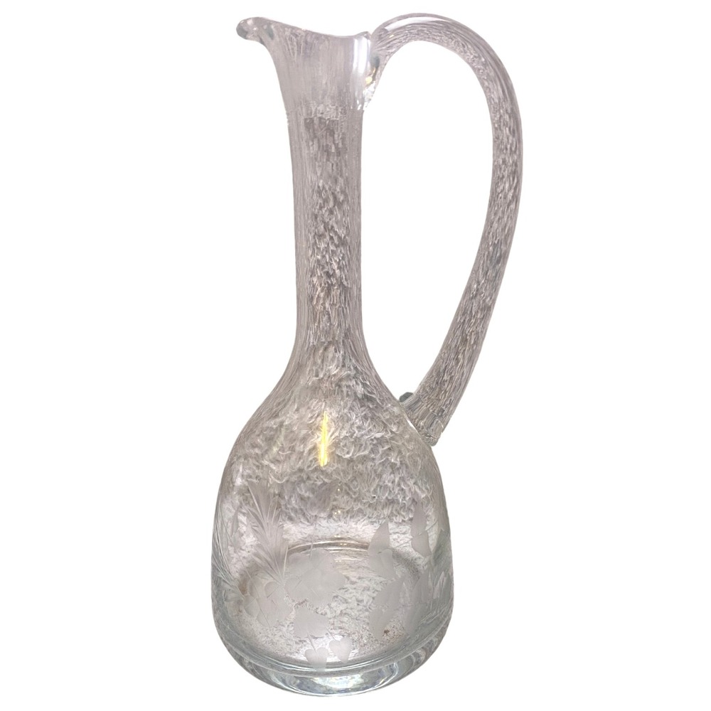 Vintage Etched Glass Pitcher Carafe Floral Design‎ Elegant Tableware 12"